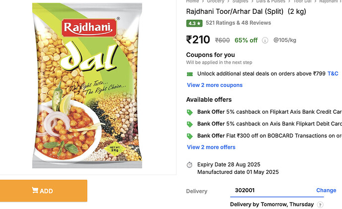 Rajdhani Toor Arhar Dal 2kg Pack