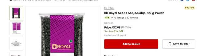 BB Royal Sabja Seeds Discount Deal on BigBasket
