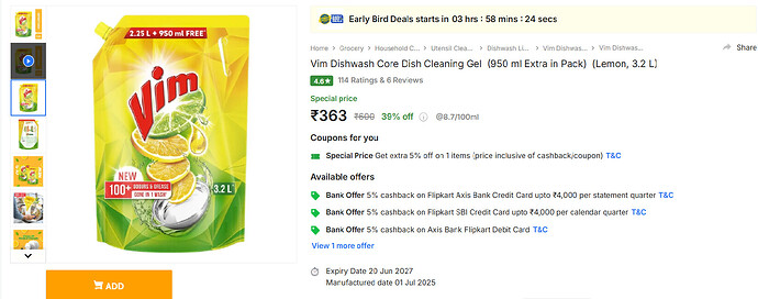Vim Dishwash Core Dish Cleaning Gel Lemon 3.2L + 950ml Extra