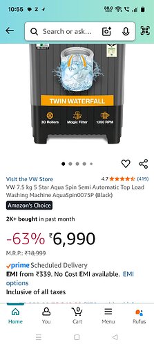 VW 7.5 kg 5 Star Aqua Spin Semi Automatic Washing Machine