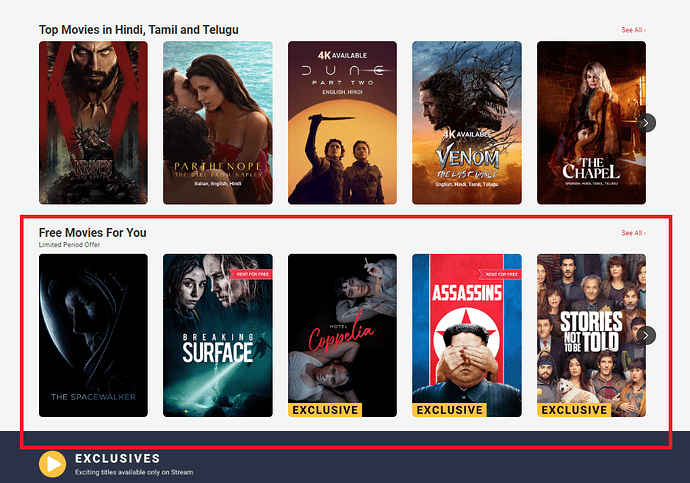 BookMyShow Website Free Movies Section