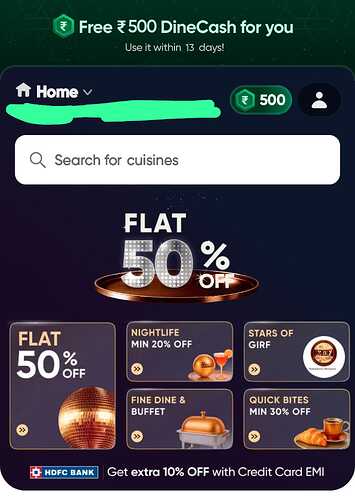 Swiggy Dineout ₹500 Cash Credit Screenshot