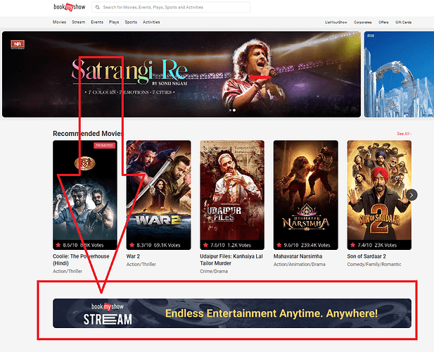 BookMyShow Website Stream Section