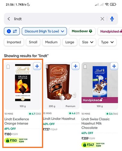 Lindt Excellence Orange Intense on Swiggy Instamart Maxx Saver