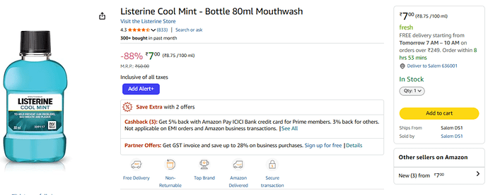 Listerine Cool Mint Mouthwash 80ml