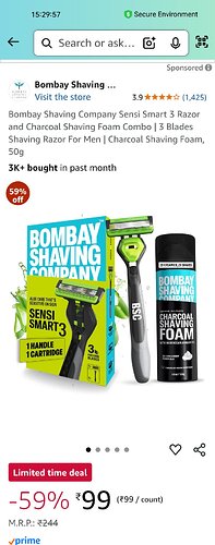 Bombay Shaving Company Sensi Smart 3 Razor & Charcoal Shaving Foam Combo