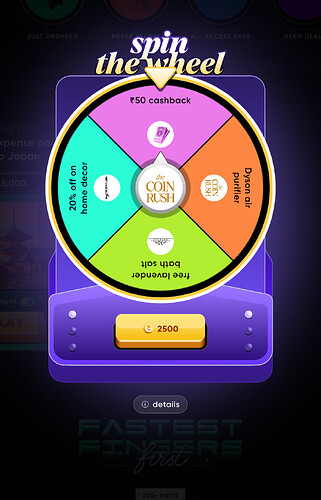 CRED Spin and Win game interface showing prizes like Dyson Air Purifier, free bath salt, and cashback