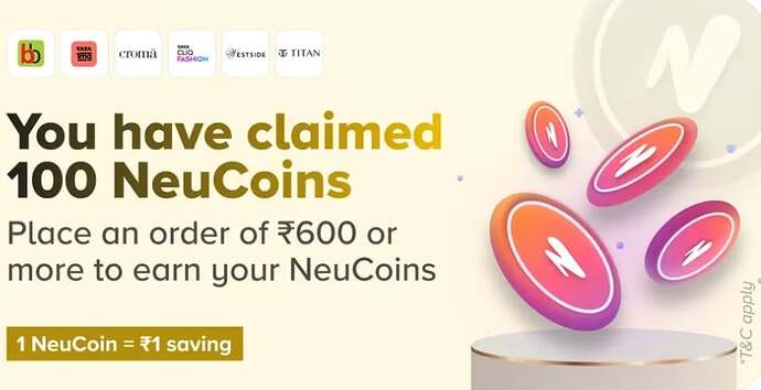 Tata Neu 100 Bonus NeuCoins Offer