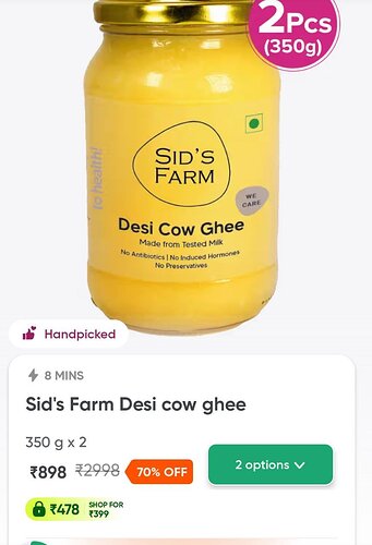 Sid's Farm Desi Cow Ghee 2x350g Instamart Deal