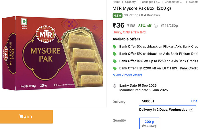 MTR Mysore Pak Offer