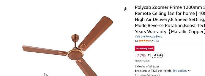 Polycab Zoomer Prime 1200mm 5-Star BLDC Ceiling Fan