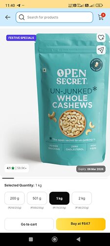 Open Secret Premium Whole Cashews 1kg Product Image