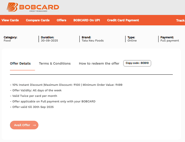 BOB Card Easydiner Offer