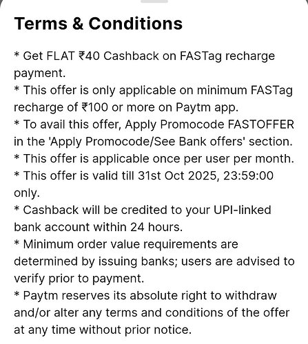 Paytm FASTag Cashback Details