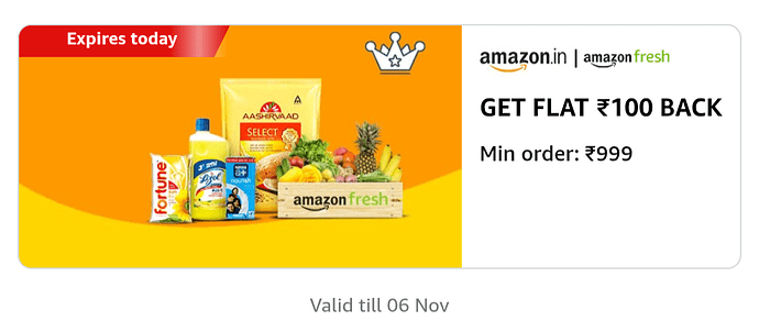Amazon Fresh ₹100 Cashback Offer