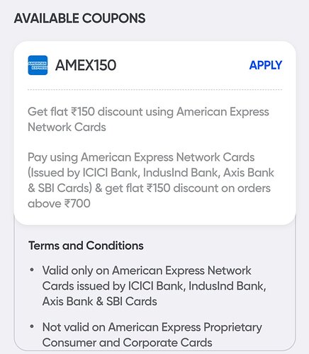 AMEX150 Coupon Code Screenshot