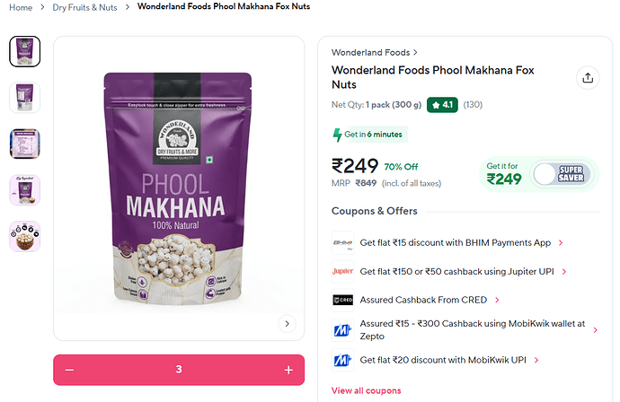 Wonderland Foods Phool Makhana (Fox Nuts) 300g