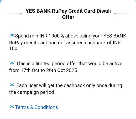 YES Bank RuPay Credit Card Cashback
