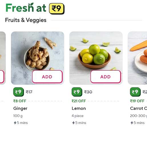 Zepto Fresh Vegetables & Fruits at ₹9