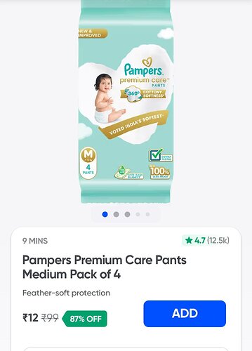 Pampers Diapers Pack of 4 for ₹12 on Swiggy Instamart