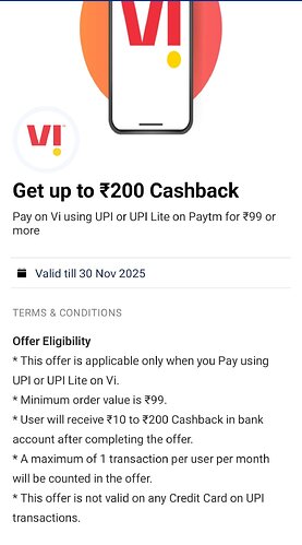 Paytm Vi Cashback Offer