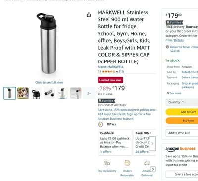 900ml Stainless Steel Water Bottle