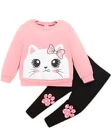 Kid Girls Cat Print Pink & Black Top & Bottom Clothing Set
